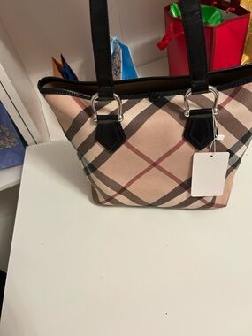 Burberry Beige Plaid Tote with Black Trim